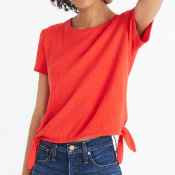 Madewell Womens Orange Textured Modern Side-Tie Short Sleeve Casual Blouse Large - Picture 9 of 10